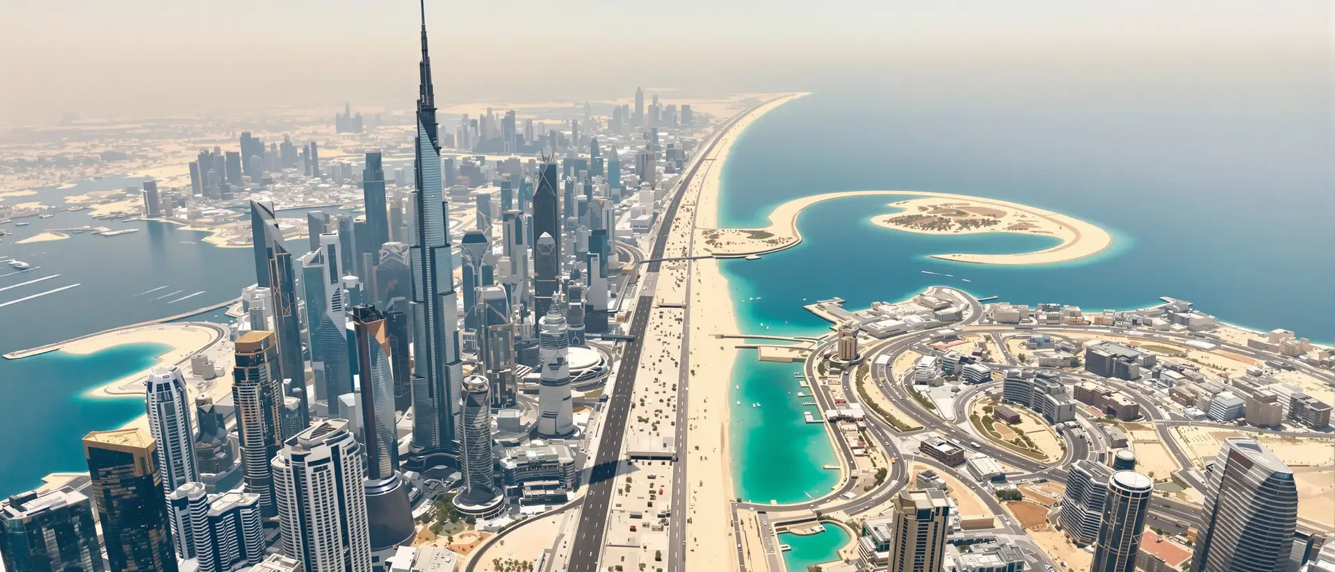 The city and its islands seen from high above in daylight, pale towers against a bright sea